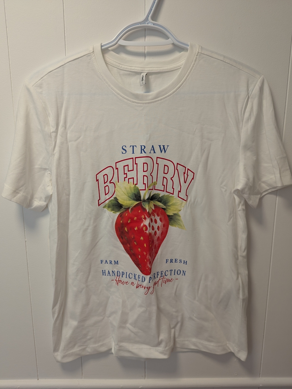 Only White Tee with Red Strawberry Graphic